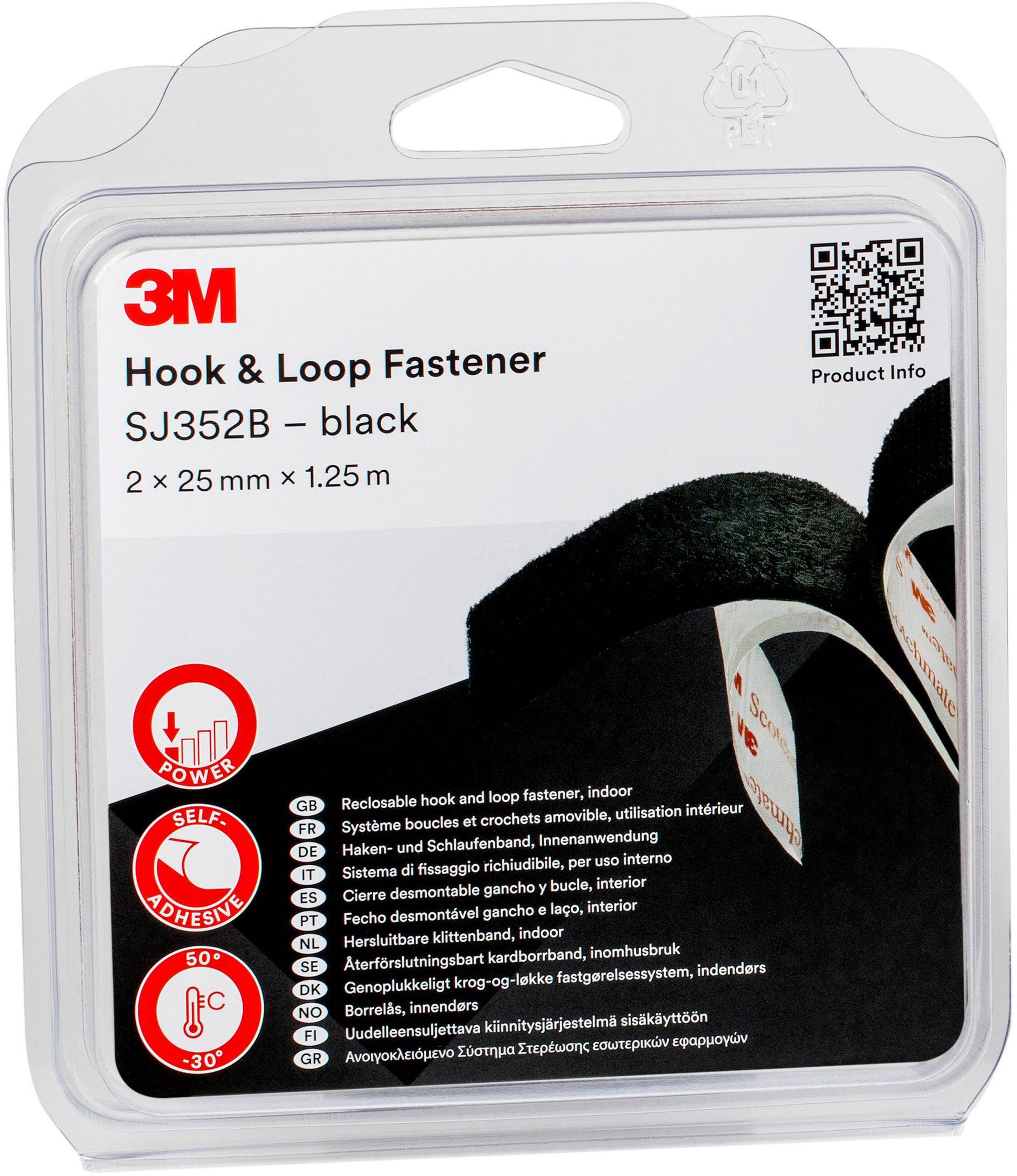Ambalaža crnog čičak zatvarača tvrtke 3M, model SJ352B. Dimenzije: 2 x 25 mm x 1,25 m. Simbol za temperaturnu otpornost i ljepljivost.
