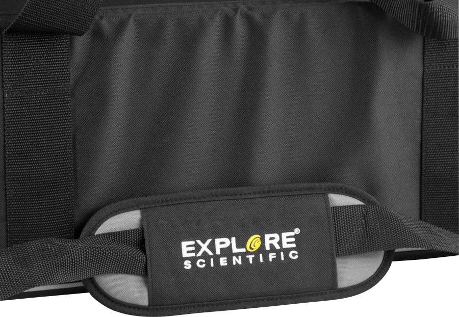 Torba za nošenje s logom 'Explore Scientific', crne boje, izrađena od dodatno zaštićenog materijala, pogodna za transport znanstvene opreme.