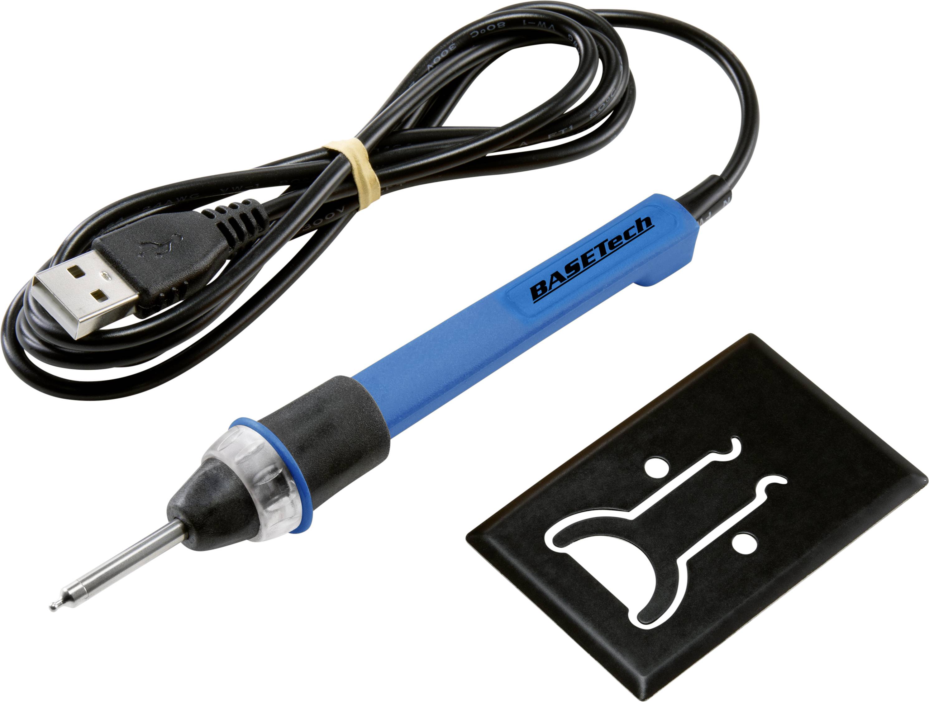 Plavi USB lemni uređaj s kabelom i crnim plastičnim postoljem. Idealan za lemljenje elektroničkih komponenti.