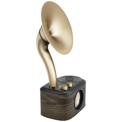 Retro gramofon zvučnik sa zlatnom trubom i drvenim kućištem koji kombinira moderne i klasične dizajnerske stilove.