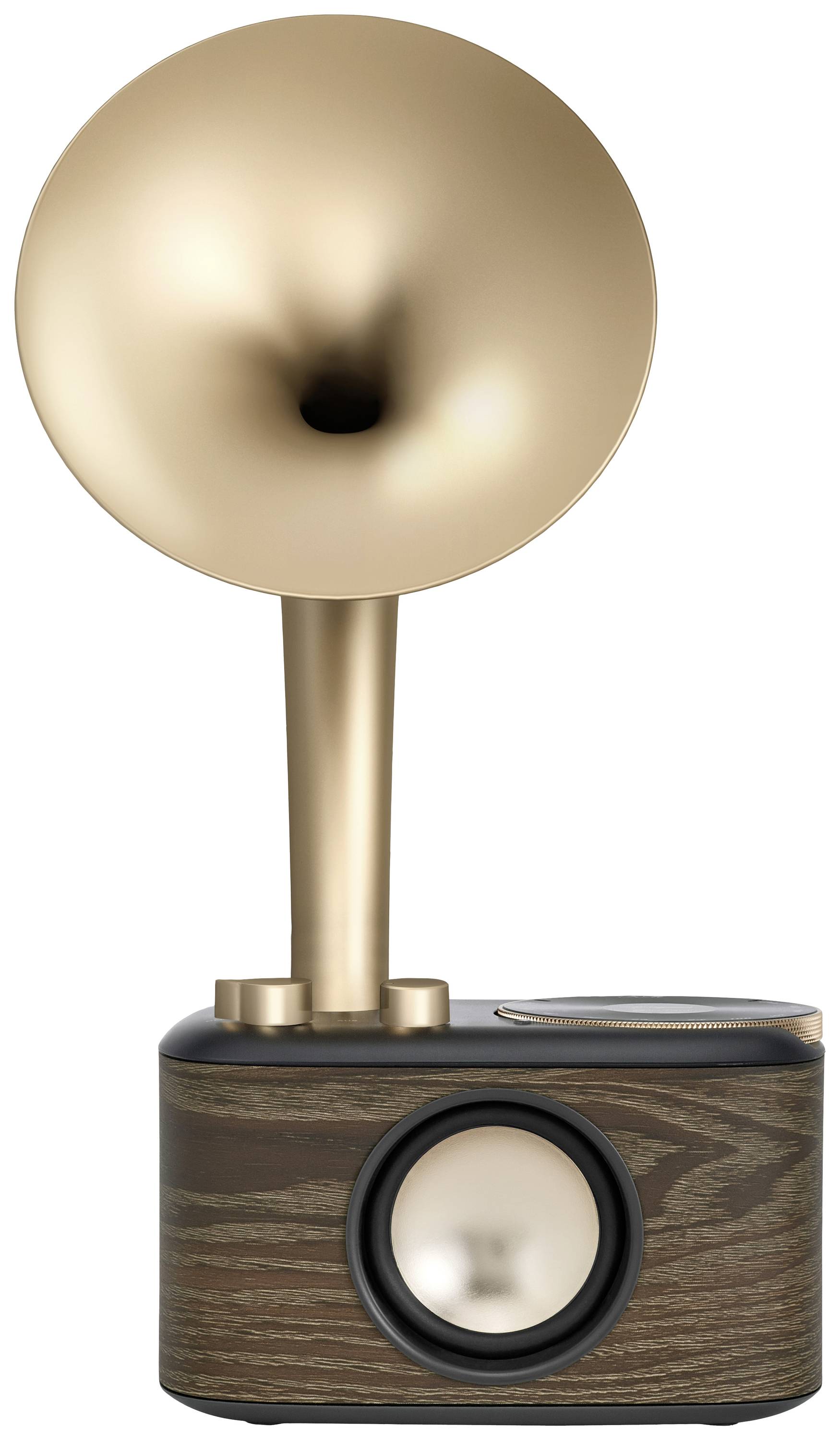 Smeđi retro gramofon zvučnik sa zlatnom lijevkom i drvenim detaljima. Moderni Bluetooth zvučnik u vintage dizajnu.