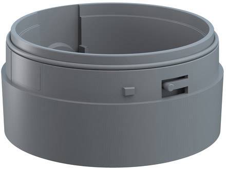 Sivi, okrugli plastični adapter s klizačem, korišten za spajanje ili prilagodbu u tehničkim primjenama.
