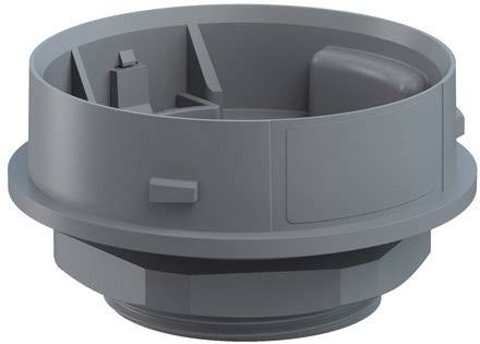 Sivi plastični poklopac okruglog oblika s nekoliko odjeljaka. Može se koristiti za osiguravanje ili zatvaranje posuda.