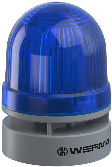 Plavo svjetlo sa sivim postoljem, proizvod marke WERMA, koristi se za signalizaciju ili upozorenje u različitim primjenama.