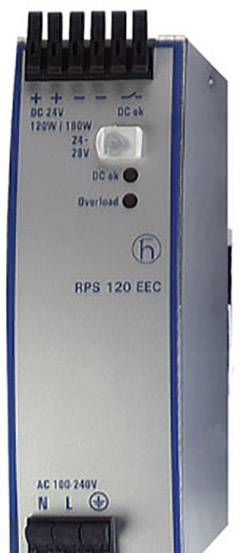 Mrežni napajač s natpisom 'RPS 120 EEC'. Indikatori: DC 24V, DC u redu, Preopterećenje. Vijčane stezaljke gore, ulaz NL dolje.