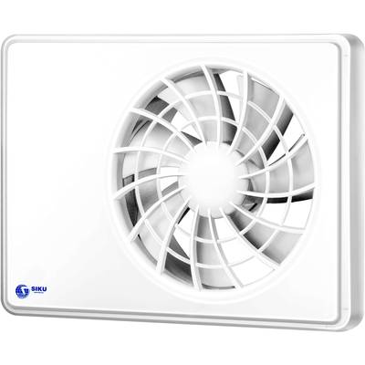 Bijeli zidni ventilator s modernim rešetkastim dizajnom koji skriva oštrice. Lijevo dolje plavi logo Siku-a.
