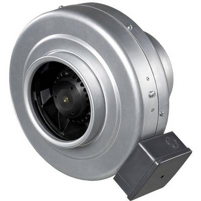 Industrijski ventilator od metala kružnog oblika s pravokutnom priključnom kutijom, pogodan za ventilacijske sustave.