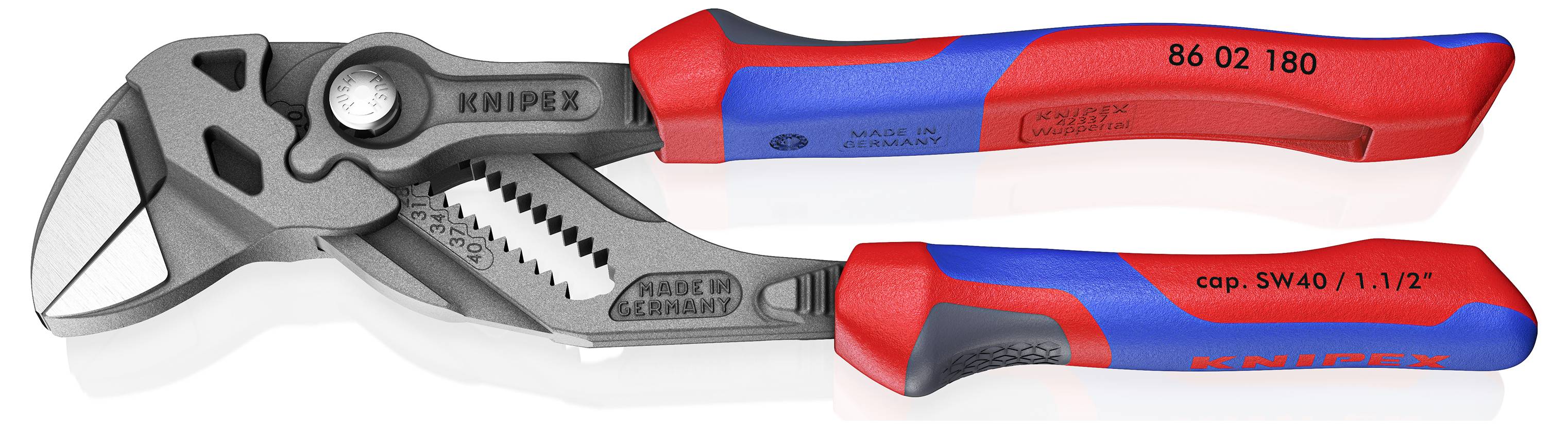 Klešta marke 'KNIPEX' s teksturiranom čeličnom ručkom i crvenim i plavim ergonomskim ručkama, s preciznim utorima za regulaciju.