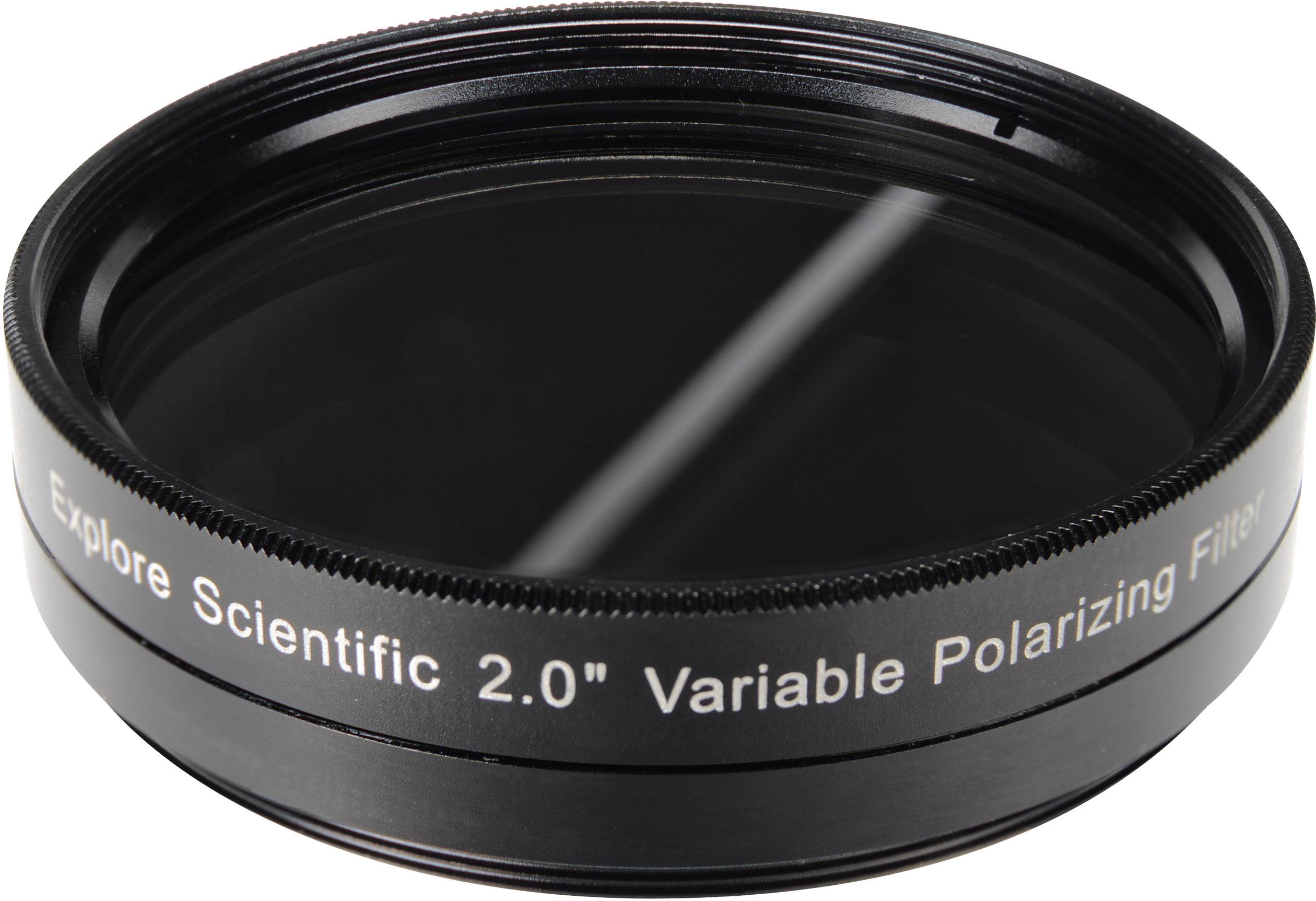 Okrugla kamera objektiva s natpisom 'Explore Scientific 2.0" Varijabilni polarizacijski filter', crna, s narebrenim rubom.