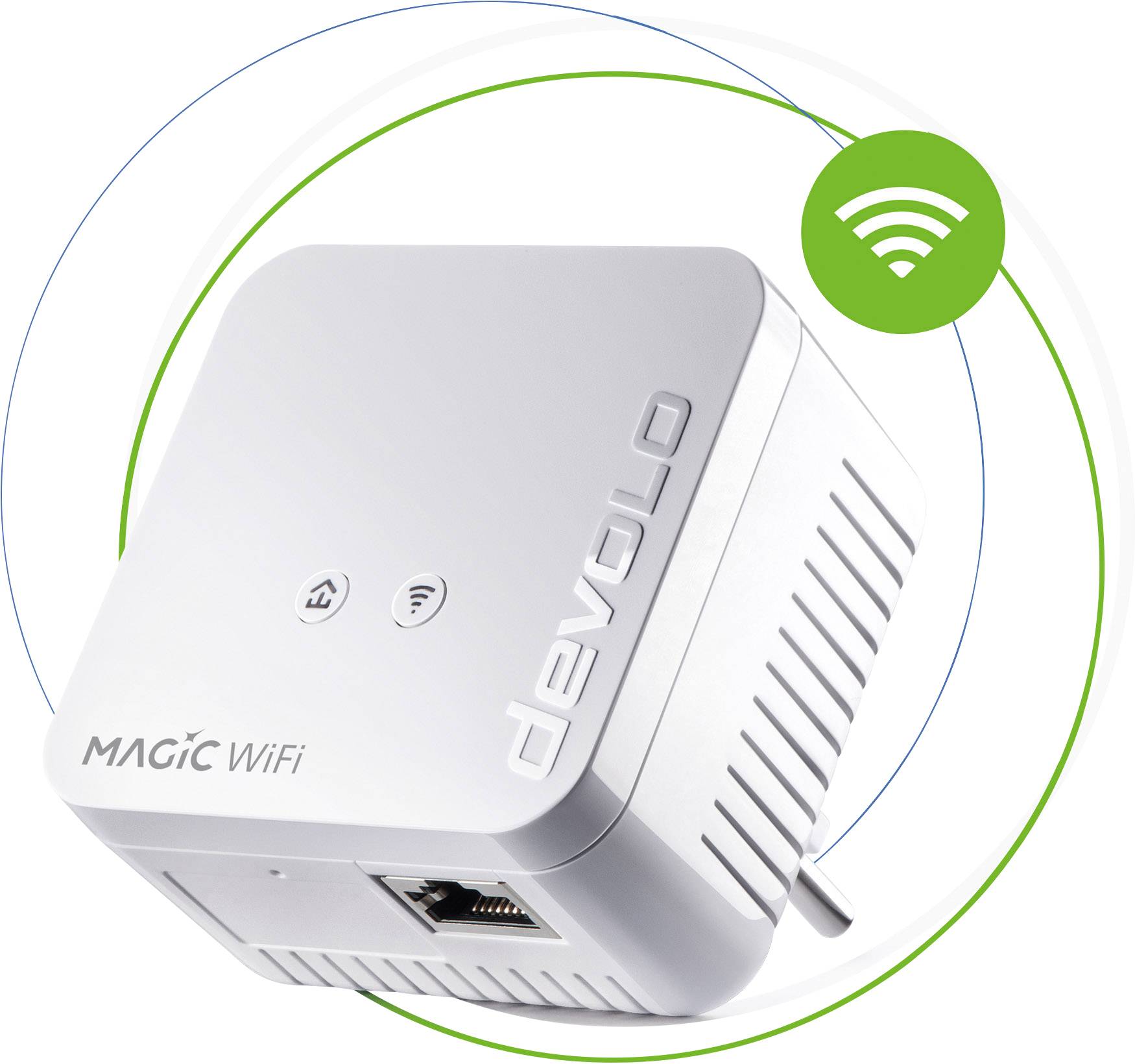 Bijeli WLAN-ponavljač s natpisom 'MAGIC WiFi' i 'devolo', s Ethernet priključkom, okružen zelenim simbolom WiFi mreže.