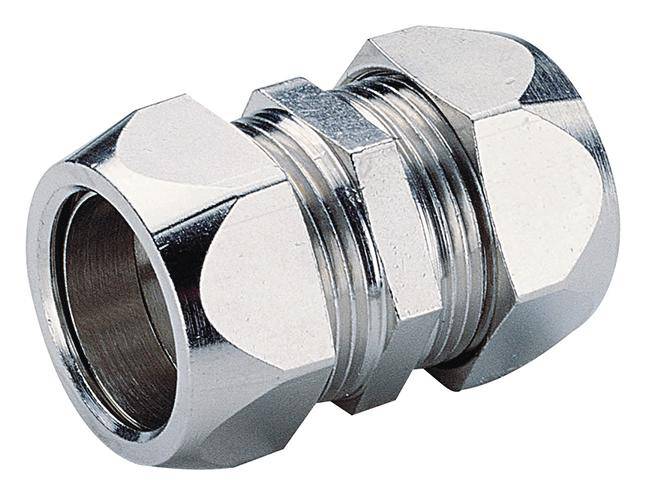 Metalni adapter sa šesterokutnim matkicama lijevo i desno, cilindrični središnji dio, srebrne boje, pogodan za spajanje cijevi.