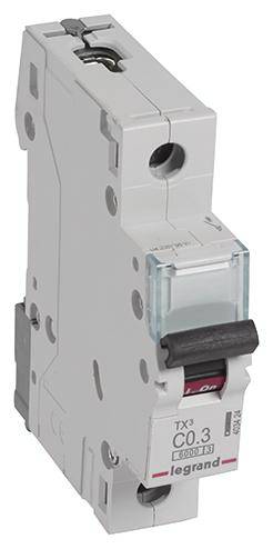 Jednopolni automatski prekidač s natpisom 'TX3 C0.3'. Pogodan za zaštitu od preopterećenja i kratkog spoja u električnim instalacijama.