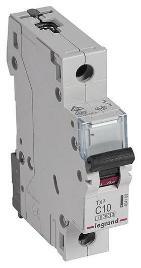 Sivi automatski osigurač s crnim prekidačem i plavim poklopcem. Oznaka 'TX3 C10 Legrand'. Koristi se za električne instalacije.