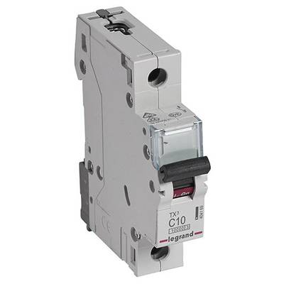 Sivi automatski osigurač s crnim prekidačem i plavim poklopcem. Oznaka 'TX3 C10 Legrand'. Koristi se za električne instalacije.