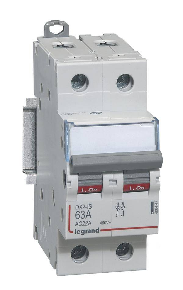 Dvopolni nadstrujni prekidač marke Legrand, oznake 'DX3-IS', 63A, 400V, namijenjen zaštiti električnih strujnih krugova.