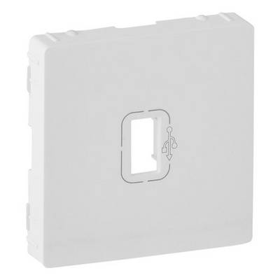 Bijela poklopnica s USB simbolom u sredini, vjerojatno za zidnu utičnicu ili podatkovni priključak.