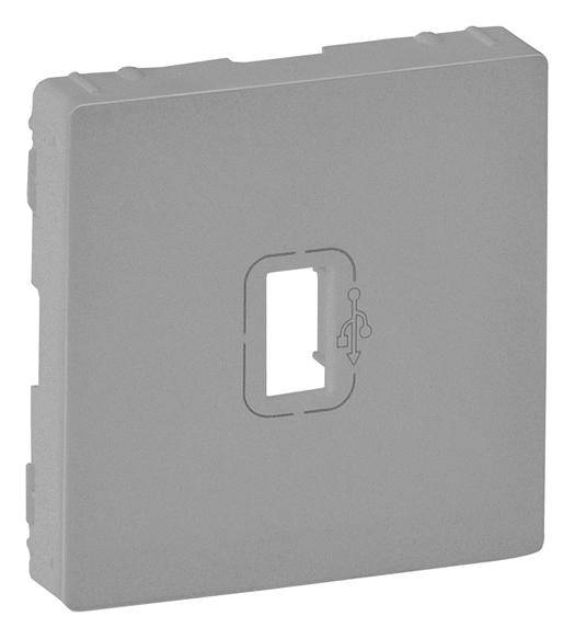 Siva poklopna ploča s USB simbolom u sredini, pravokutnog oblika, za pokrivanje utičnica ili priključaka.