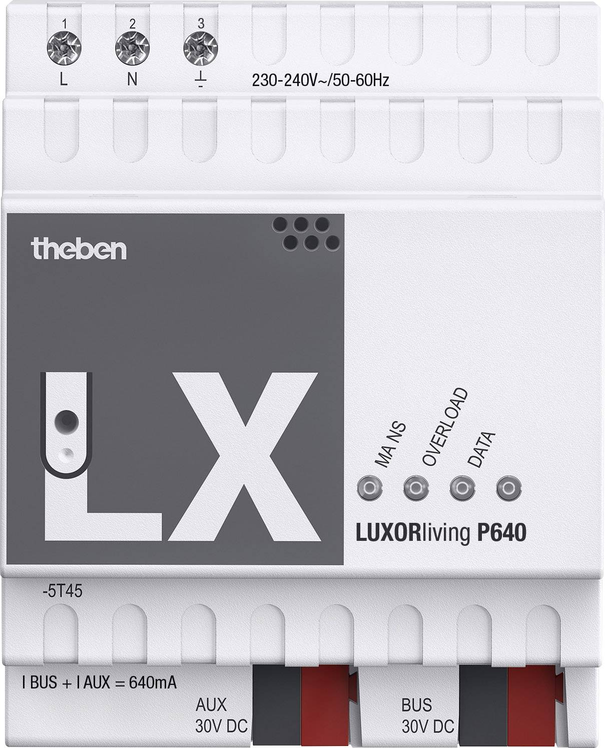 Bijeli LX KNX modul s priključcima gore i dolje, indikatorskim lampicama za status. Označen natpisom 'LUXORliving P640'.