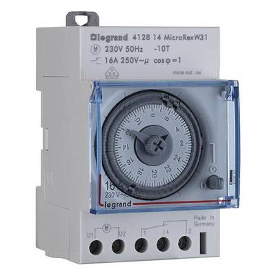 Električni programski sat 'MicroRex W31' tvrtke Legrand. Prikazuje analogni sat s okretnim gumbom i oznakama za priključivanje.