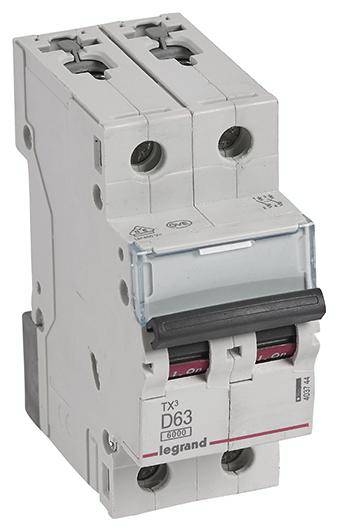 Dvopolni zaštitni prekidač marke Legrand, tipa 'TX3 D63', namijenjen osiguranju električnih strujnih krugova od preopterećenja i kratkog spoja.