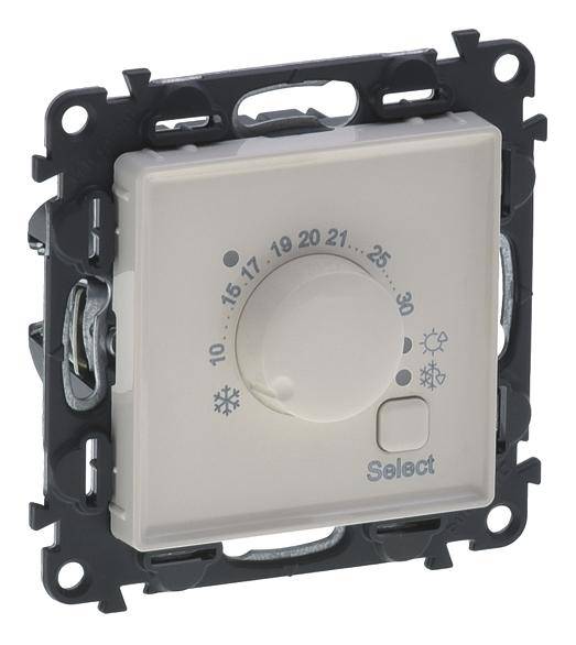 Termostat u okviru utičnice s rotacijskim regulatorom temperature od 10 do 30 stupnjeva Celzijusa. Simboli za grijanje i hlađenje.