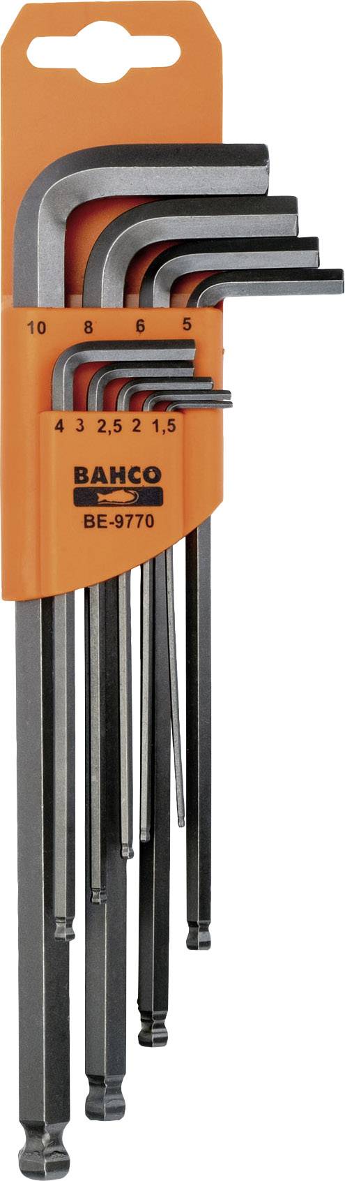 Set imbus ključeva u različitim veličinama, u narančastom nosaču s natpisom 'Bahco BE-9770'.