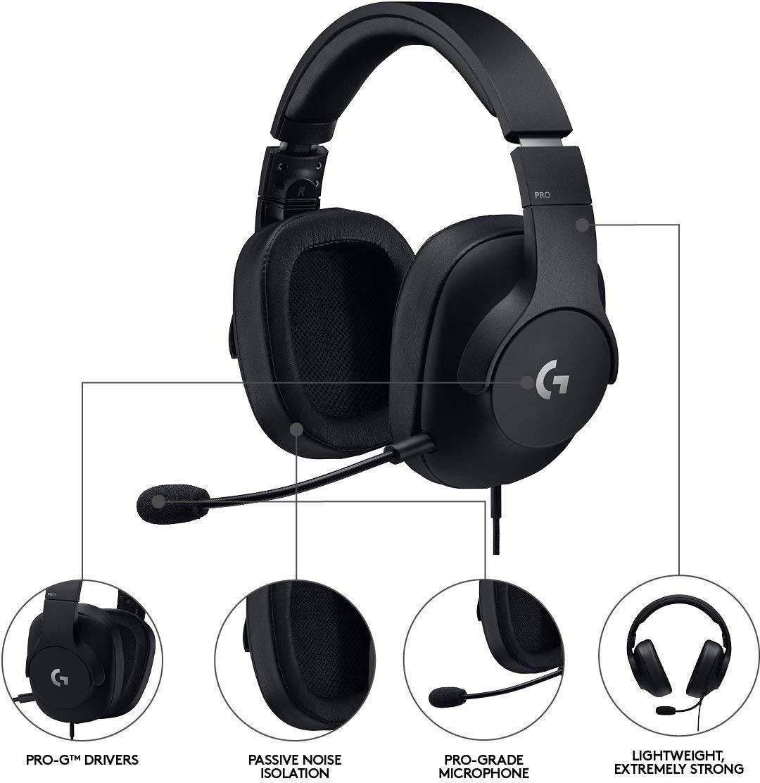 Crni gaming headset s mikrofonom, Pro-G upravljačkim programom, pasivnom izolacijom buke i laganom, stabilnom konstrukcijom.