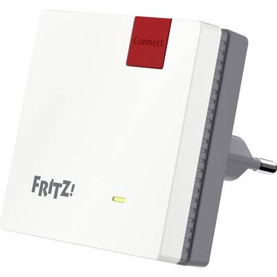 WLAN-ponavljač od FRITZ! sa utičnom vezom, bijelo kućište, crveni 'Connect' gumb i žuta LED indikacija.
