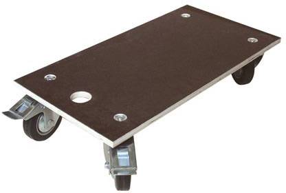 Četverokračni transportni valjak s crnom teretnom površinom i čvrstim metalnim kotačima, pogodan za prijevoz teških predmeta.