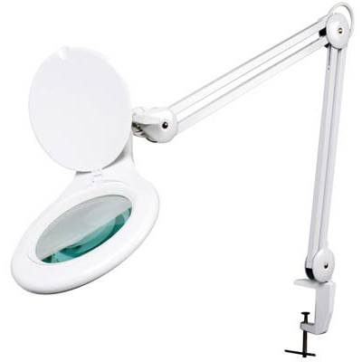 Bijela LED lupa s fleksibilnom rukom i stezaljkom za stolić, koja se koristi za povećanje sitnih detalja kod ručnih radova.
