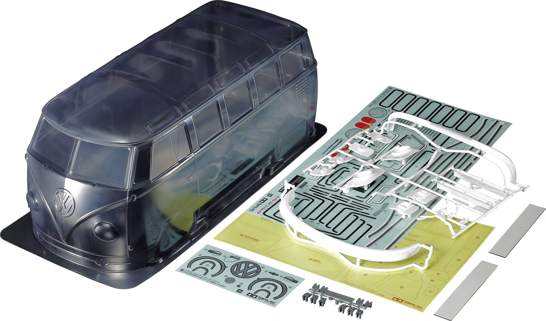 Model komplet VW busa, koji se sastoji od prozirnog karoserijskog dijela, додатних dijelova na odljevnom okviru i dekalnih naljepnica.