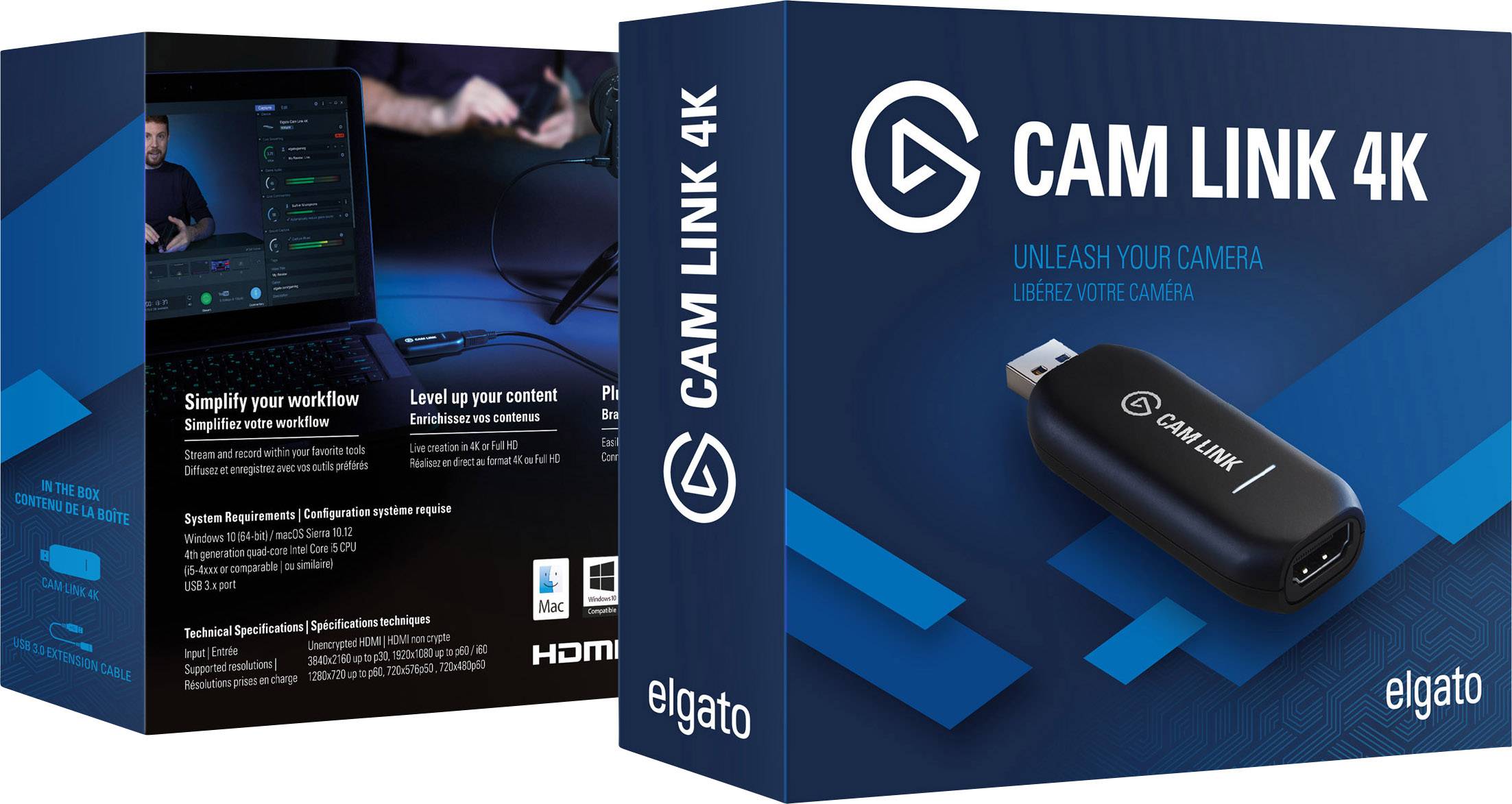 Ambalaža s prikazom 'Cam Link 4K' adaptera. Adapter omogućava spajanje kamera na računala za 4K streaming.