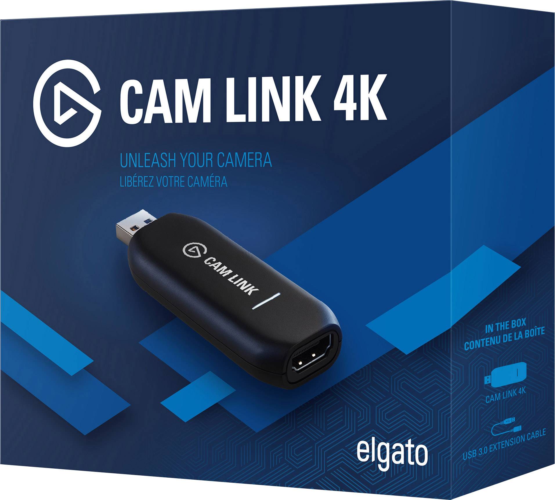 Ambalaža 'Elgato Cam Link 4K' prikazuje USB uređaj za povezivanje kamera s računalima za snimanje videozapisa u 4K kvaliteti.