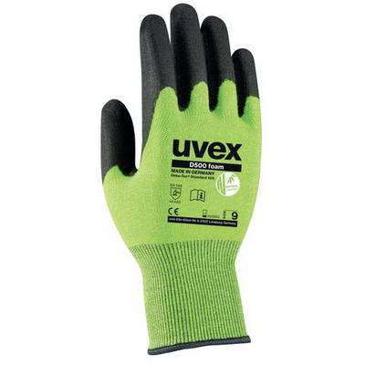 Zelena sigurnosna rukavica s crnom prevlakom. Natpis: 'uvex D500 foam', izrađena u Njemačkoj, CE oznaka.
