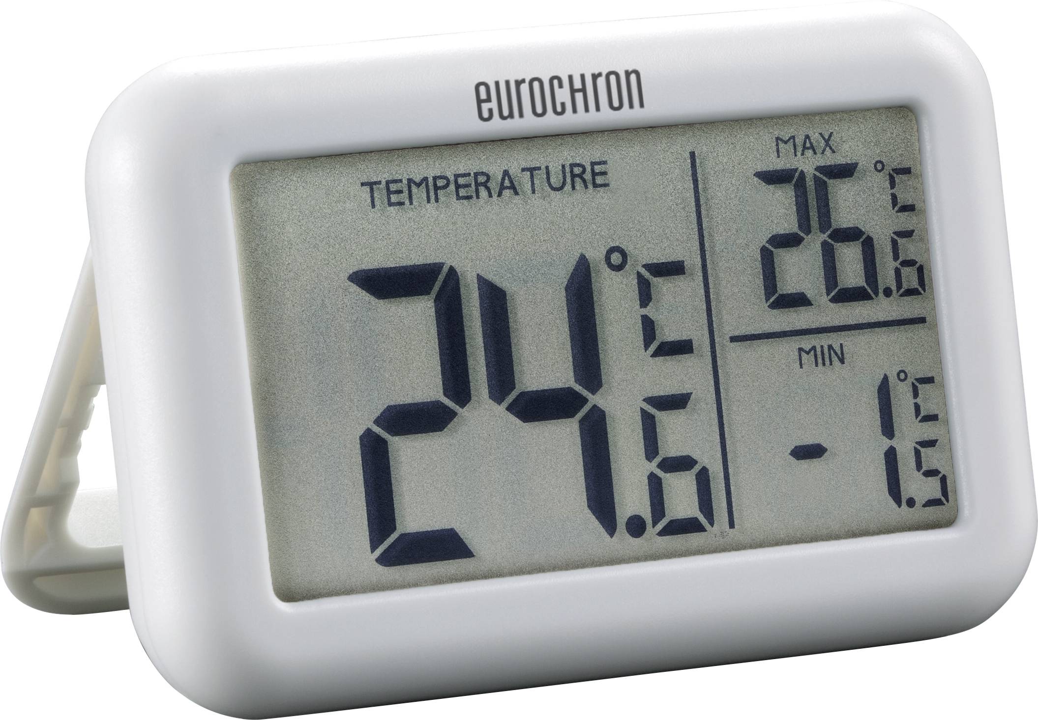 Digitalni termometar s velkim zaslonom. Trenutna temperatura: 24,6°C. Maksimalno 26,6°C; minimalno -1,5°C.