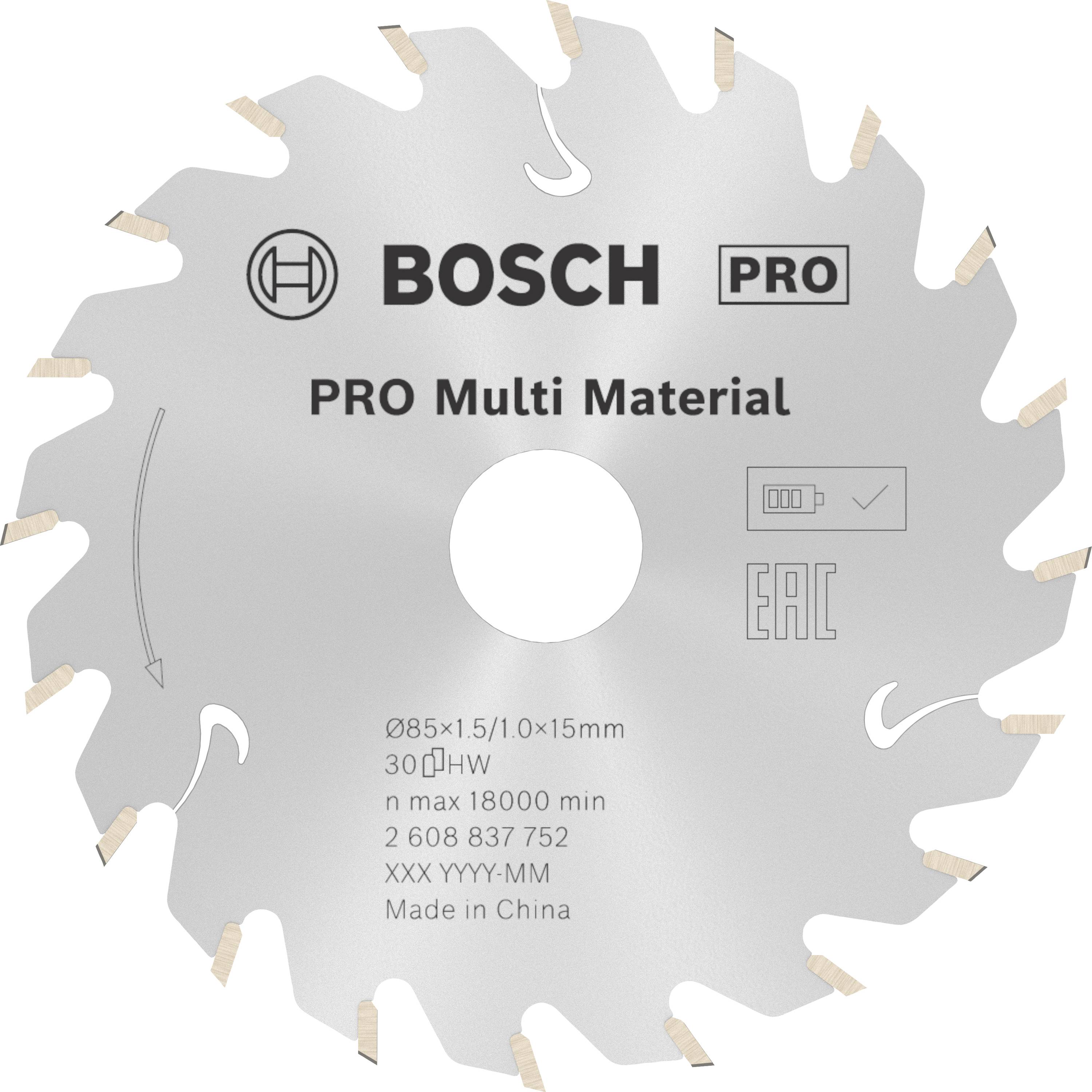 List kružne pile s natpisom 'Bosch Pro Multi Material', promjera 85 mm, pogodan za različite materijale.