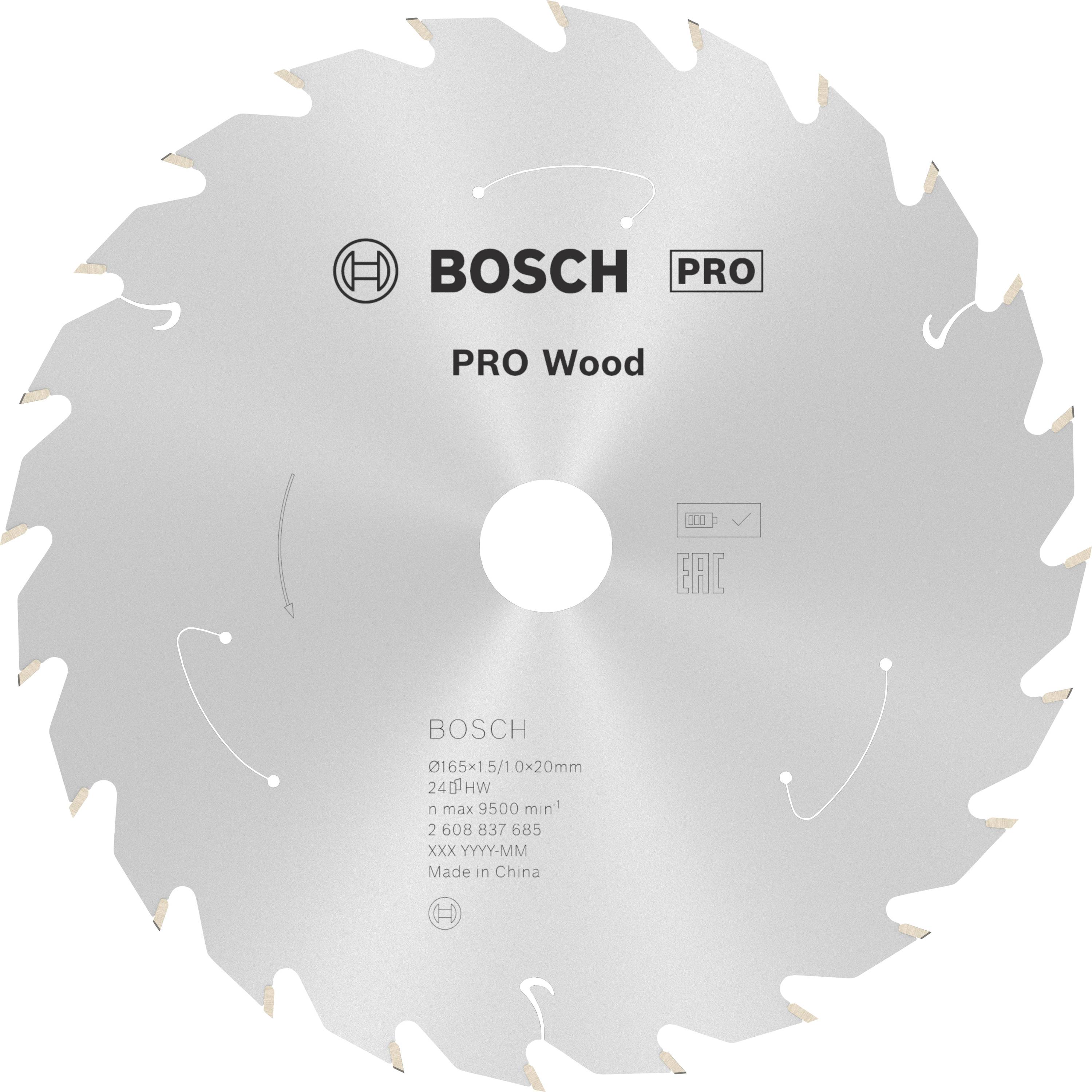 List pile za kružnu pilu s markom 'Bosch', 'Pro Wood'. Pogodan za drvo. Maksimalan broj okretaja: 9500/min. 24 zuba, promjer 216 mm.