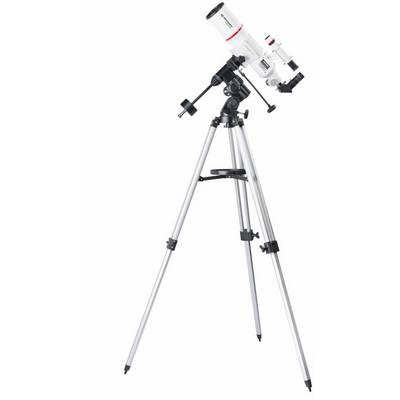 Bijeli teleskop s crnim postoljem i mogućnošću podešavanja visine, pogodan za astronomska promatranja.