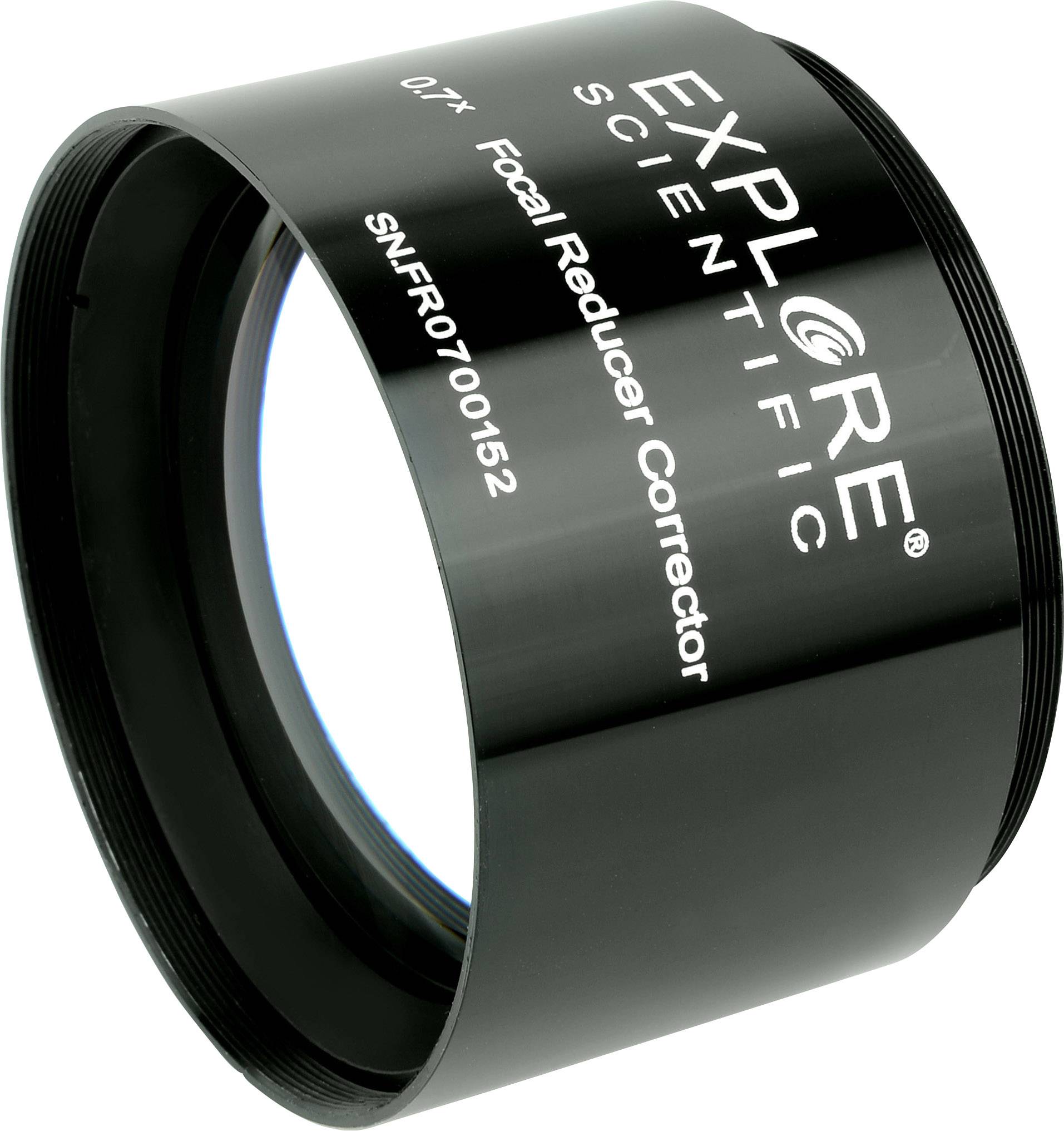Schwarzer Explore Scientific Fokus Reducirni Korektor. Optički dodatak za teleskop s natpisom. Broj modela SNFR0700152.