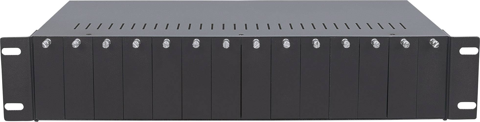 Crno kućište za rack montažu s više utora na prednjoj strani, pogodno za ugradnju u server ili mrežne ormare.