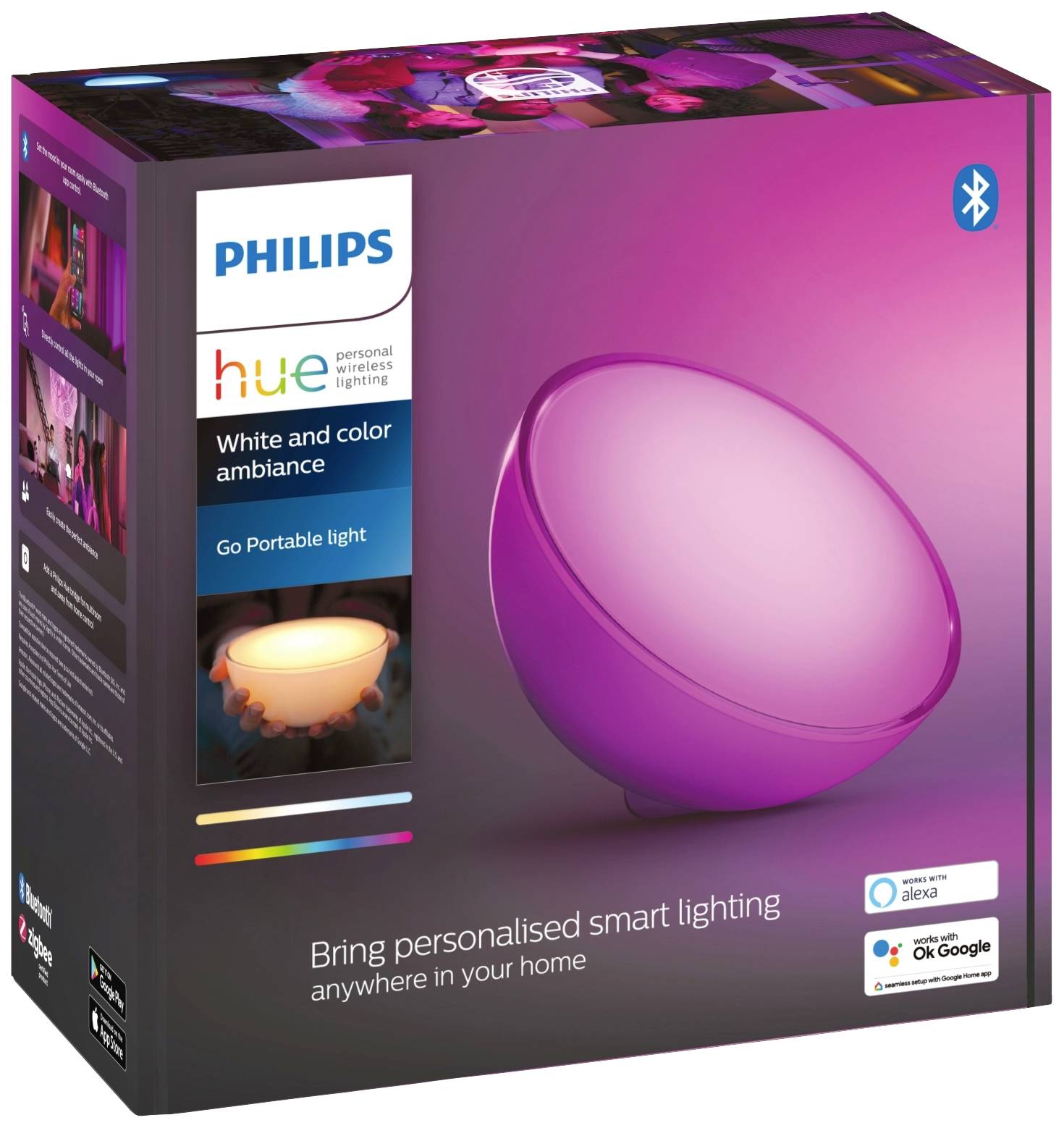 Ambalaža za prijenosnu Philips Hue lampu koja omogućava bijelo i obojeno osvjetljenje. Kompatibilna s Alexom i Google Assistantom.