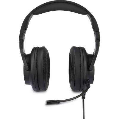 Crni over-ear slušalice s integriranim mikrofonom, pogled sprijeda. Pogodne su za gaming ili uredske primjene.