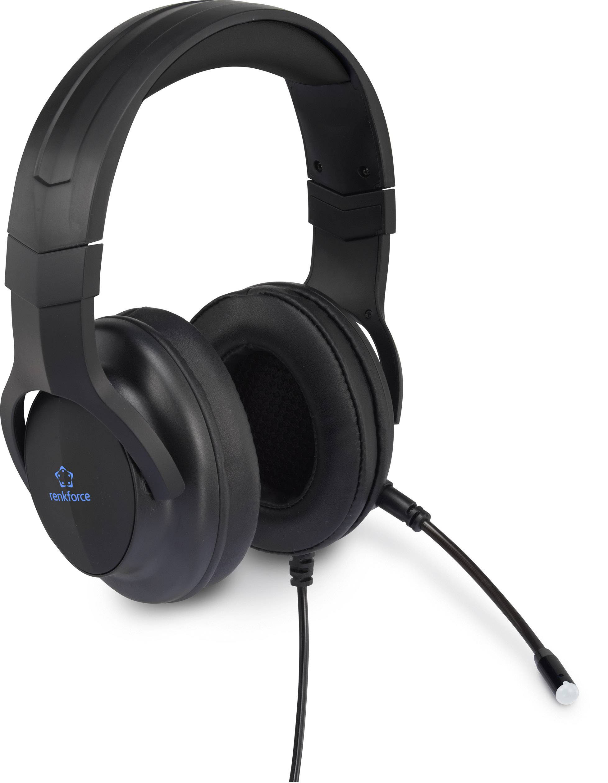 Crni over-ear slušalice s mikrofonskom rukom koje leže na bijeloj podlozi. Logo marke vidljiv je na školjci slušalica.