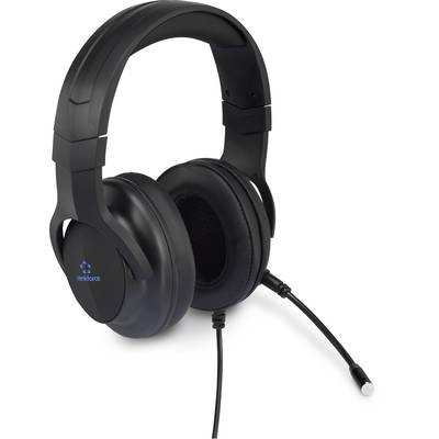 Crni over-ear slušalice s mikrofonskom rukom koje leže na bijeloj podlozi. Logo marke vidljiv je na školjci slušalica.