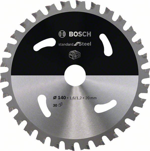 Kružno pile tanje s zubima, natpis 'Bosch, Standard for Steel', promjer 140 mm. Prikladan za rezanje čelika.