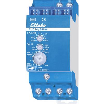 Plavi Eltako dimmer FUD14/800W s različitim postavkama i priključnim stezaljkama za upotrebu u električnim sklopovima.