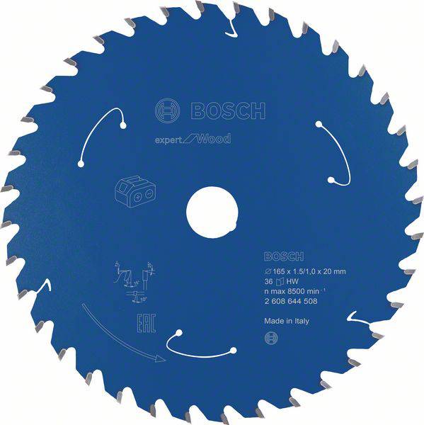 Kružna pila s 22 zuba i natpisom 'BOSCH expert for Wood'. Promjer: 165 mm. Izrađeno u Italiji.