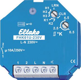 'Plavi Eltako FHK61U-230V radijski preklopni aktor. Gore dva regulatora za podešavanje: jedan za intenzitet svjetla i jedan za kašnjenje, ispod pet priključnih stezaljki.'