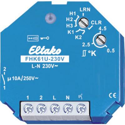 'Plavi Eltako FHK61U-230V radijski preklopni aktor. Gore dva regulatora za podešavanje: jedan za intenzitet svjetla i jedan za kašnjenje, ispod pet priključnih stezaljki.'