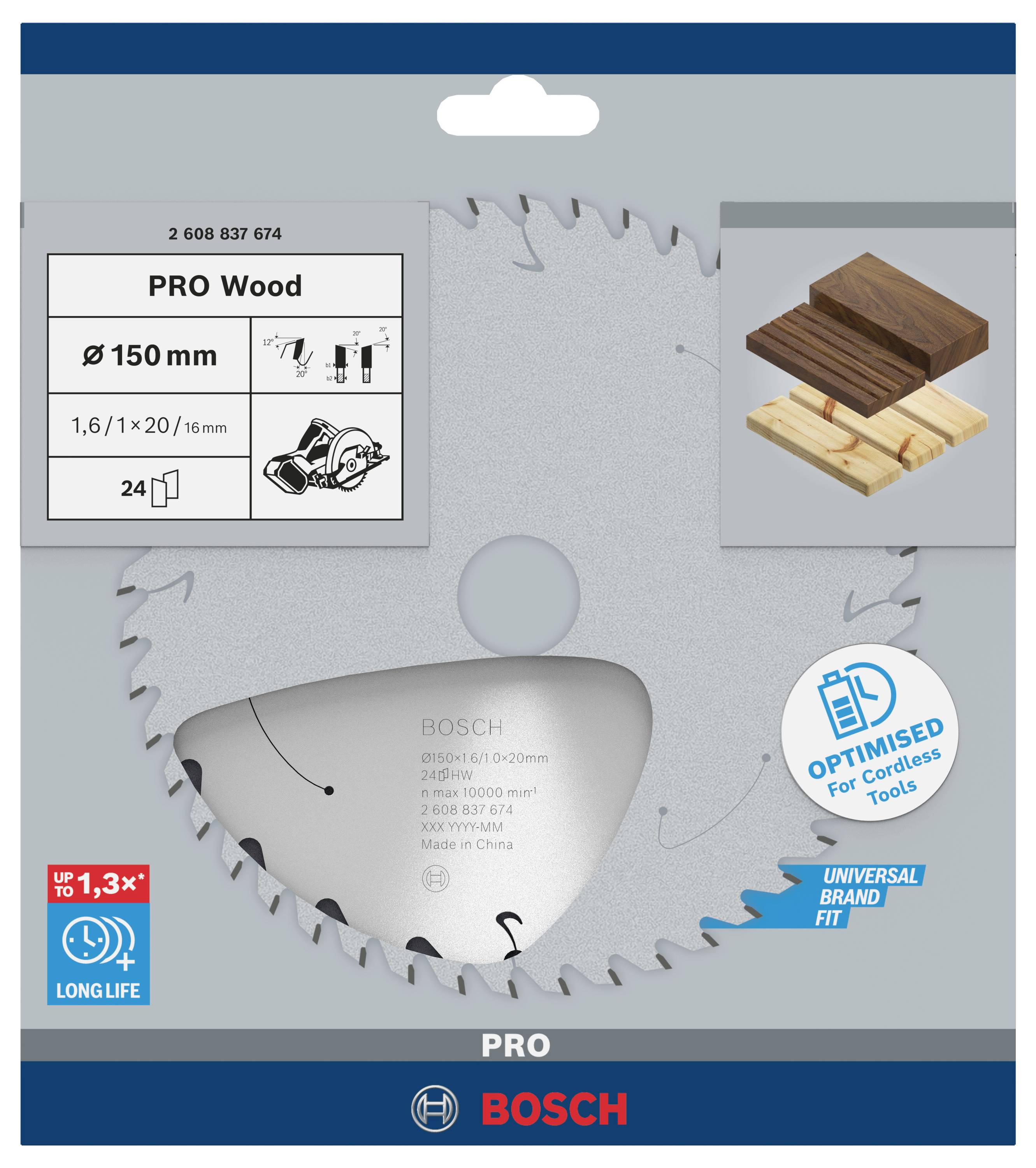 List pile Bosch Pro Wood Ø150 mm, 24 zuba, optimiran za baterijske uređaje, pogodan za tvrdo i meko drvo.